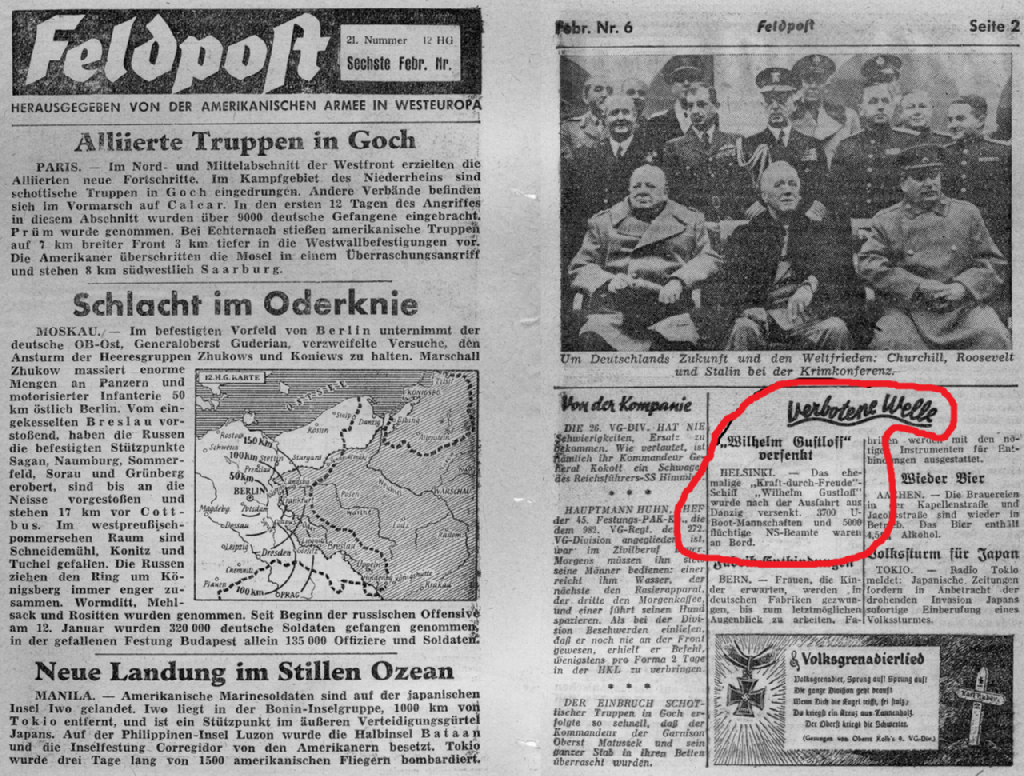 Az amerikai hadsereg német nyelvű propagandakiadványának rövid tudósítása az emberiség történetének legnagyobb hajókatasztrófájáról